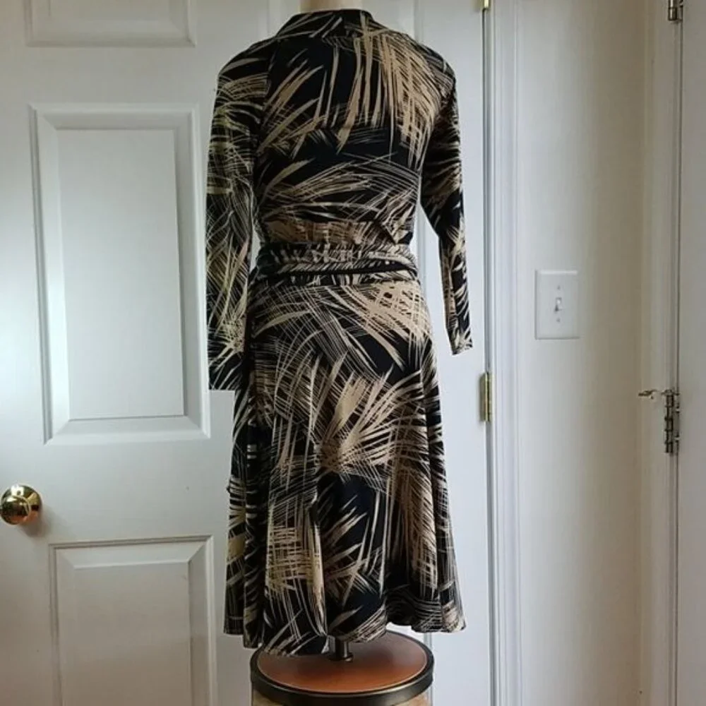 VINTAGE Wrap Dress Lily Long Sleeve Brown Black V Neck Women's Woman's Small